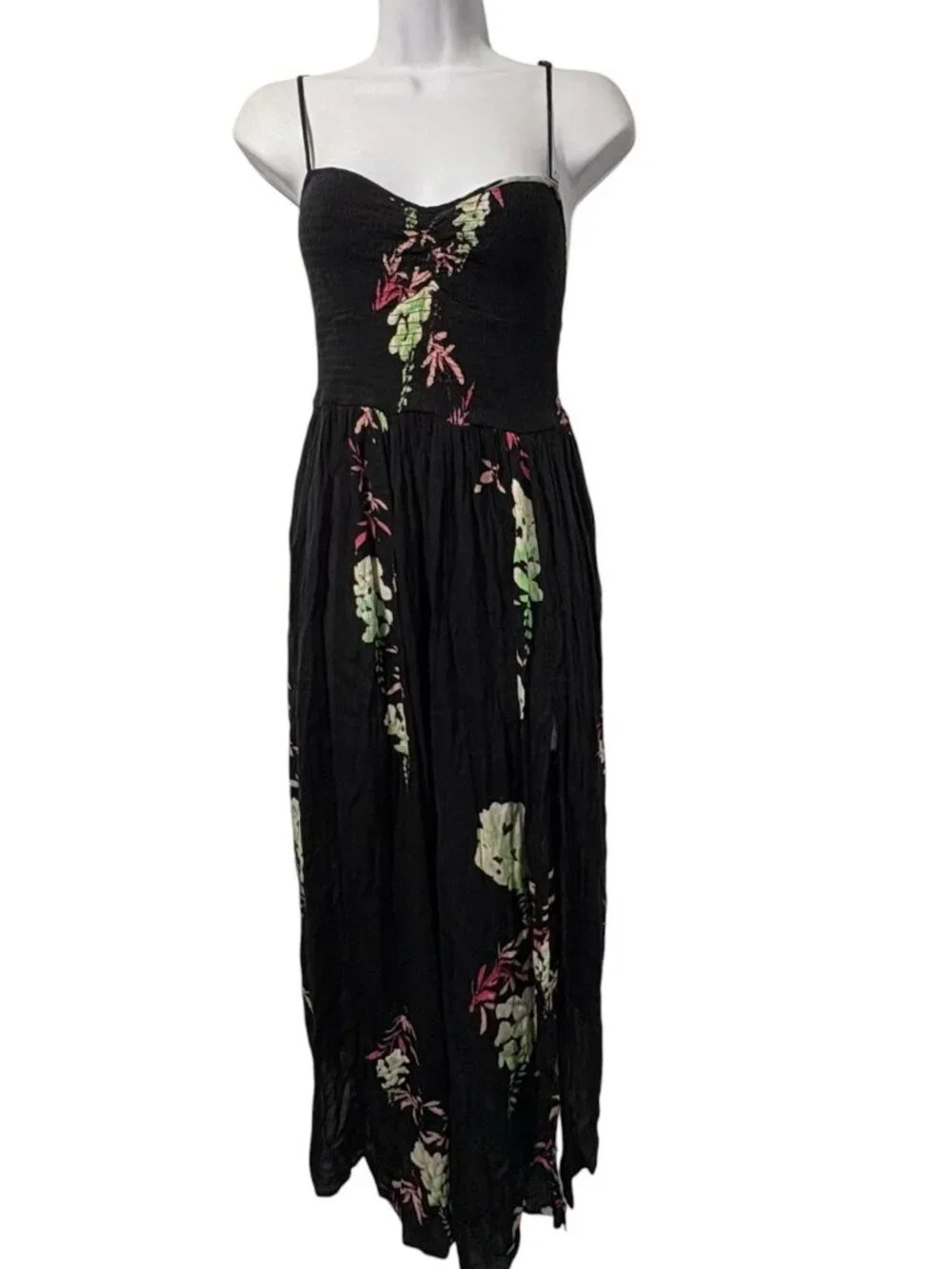 Intimately Free People Beau Smocked Black Floral Maxi Sundress L Boho Beachy Y2K